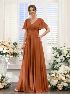 A-Line/Princess V-Neck Short Sleeves Chiffon Bridesmaid Dresses with Pockets — view 10