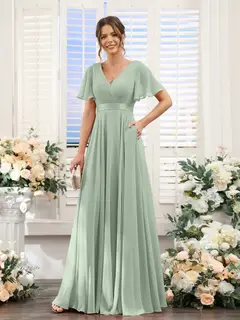 A-Line/Princess V-Neck Short Sleeves Chiffon Bridesmaid Dresses with Pockets — view 11