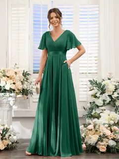 A-Line/Princess V-Neck Short Sleeves Chiffon Bridesmaid Dresses with Pockets — view 12