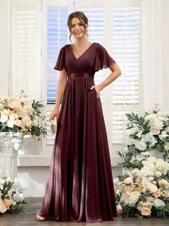 A-Line/Princess V-Neck Short Sleeves Chiffon Bridesmaid Dresses with Pockets — view 13