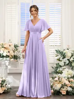 A-Line/Princess V-Neck Short Sleeves Chiffon Bridesmaid Dresses with Pockets — view 15