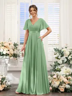 A-Line/Princess V-Neck Short Sleeves Chiffon Bridesmaid Dresses with Pockets — view 17