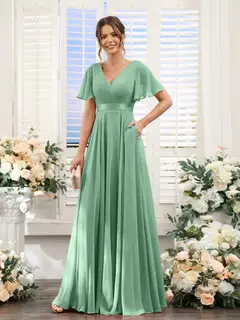 A-Line/Princess V-Neck Short Sleeves Chiffon Bridesmaid Dresses with Pockets — view 18