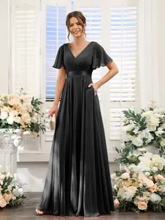 A-Line/Princess V-Neck Short Sleeves Chiffon Bridesmaid Dresses with Pockets — view 19