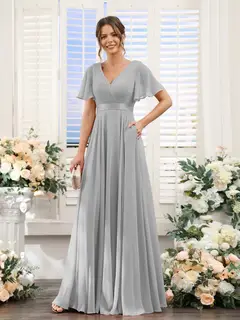 A-Line/Princess V-Neck Short Sleeves Chiffon Bridesmaid Dresses with Pockets — view 23