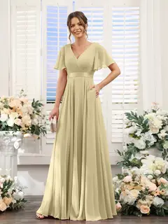 A-Line/Princess V-Neck Short Sleeves Chiffon Bridesmaid Dresses with Pockets — view 25