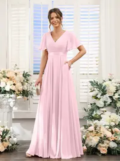 A-Line/Princess V-Neck Short Sleeves Chiffon Bridesmaid Dresses with Pockets — view 26