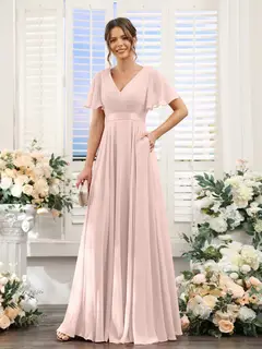 A-Line/Princess V-Neck Short Sleeves Chiffon Bridesmaid Dresses with Pockets — view 27