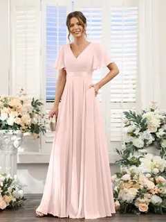 A-Line/Princess V-Neck Short Sleeves Chiffon Bridesmaid Dresses with Pockets — view 28
