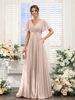 A-Line/Princess V-Neck Short Sleeves Chiffon Bridesmaid Dresses with Pockets — view 29