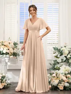 A-Line/Princess V-Neck Short Sleeves Chiffon Bridesmaid Dresses with Pockets — view 30