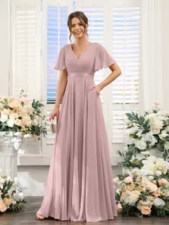 A-Line/Princess V-Neck Short Sleeves Chiffon Bridesmaid Dresses with Pockets — view 31