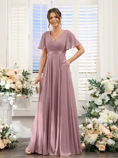 A-Line/Princess V-Neck Short Sleeves Chiffon Bridesmaid Dresses with Pockets — view 32