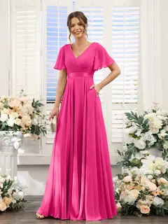 A-Line/Princess V-Neck Short Sleeves Chiffon Bridesmaid Dresses with Pockets — view 34
