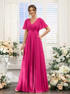 A-Line/Princess V-Neck Short Sleeves Chiffon Bridesmaid Dresses with Pockets — view 35