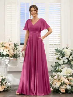 A-Line/Princess V-Neck Short Sleeves Chiffon Bridesmaid Dresses with Pockets — view 36