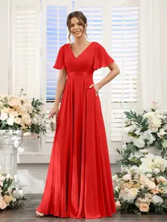 A-Line/Princess V-Neck Short Sleeves Chiffon Bridesmaid Dresses with Pockets — view 37