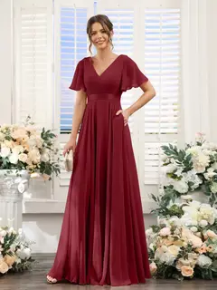 A-Line/Princess V-Neck Short Sleeves Chiffon Bridesmaid Dresses with Pockets — view 38