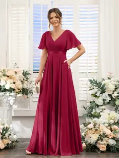 A-Line/Princess V-Neck Short Sleeves Chiffon Bridesmaid Dresses with Pockets — view 39