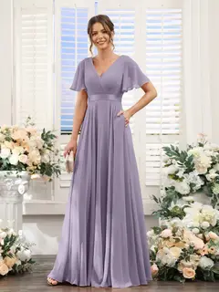 A-Line/Princess V-Neck Short Sleeves Chiffon Bridesmaid Dresses with Pockets — view 40