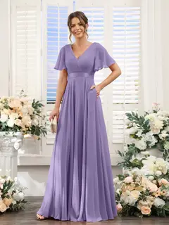 A-Line/Princess V-Neck Short Sleeves Chiffon Bridesmaid Dresses with Pockets — view 42