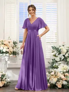 A-Line/Princess V-Neck Short Sleeves Chiffon Bridesmaid Dresses with Pockets — view 43
