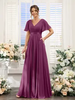 A-Line/Princess V-Neck Short Sleeves Chiffon Bridesmaid Dresses with Pockets — view 45