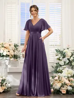 A-Line/Princess V-Neck Short Sleeves Chiffon Bridesmaid Dresses with Pockets — view 46