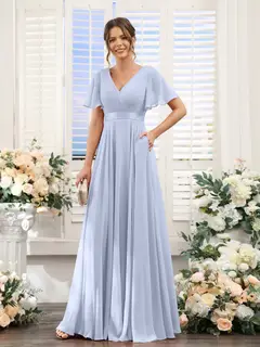 A-Line/Princess V-Neck Short Sleeves Chiffon Bridesmaid Dresses with Pockets — view 49