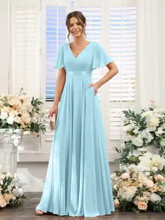 A-Line/Princess V-Neck Short Sleeves Chiffon Bridesmaid Dresses with Pockets — view 50
