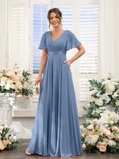 A-Line/Princess V-Neck Short Sleeves Chiffon Bridesmaid Dresses with Pockets — view 52
