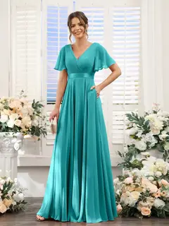 A-Line/Princess V-Neck Short Sleeves Chiffon Bridesmaid Dresses with Pockets — view 53