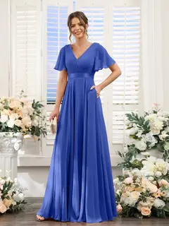 A-Line/Princess V-Neck Short Sleeves Chiffon Bridesmaid Dresses with Pockets — view 55