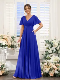 A-Line/Princess V-Neck Short Sleeves Chiffon Bridesmaid Dresses with Pockets — view 56