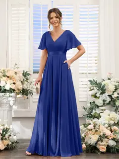 A-Line/Princess V-Neck Short Sleeves Chiffon Bridesmaid Dresses with Pockets — view 57