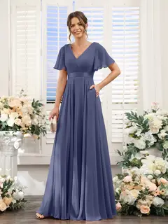 A-Line/Princess V-Neck Short Sleeves Chiffon Bridesmaid Dresses with Pockets — view 58