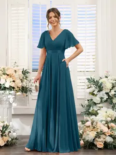 A-Line/Princess V-Neck Short Sleeves Chiffon Bridesmaid Dresses with Pockets — view 59