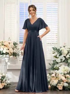 A-Line/Princess V-Neck Short Sleeves Chiffon Bridesmaid Dresses with Pockets — view 60