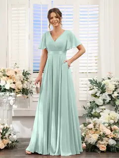 A-Line/Princess V-Neck Short Sleeves Chiffon Bridesmaid Dresses with Pockets — view 61