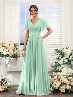 A-Line/Princess V-Neck Short Sleeves Chiffon Bridesmaid Dresses with Pockets — view 62
