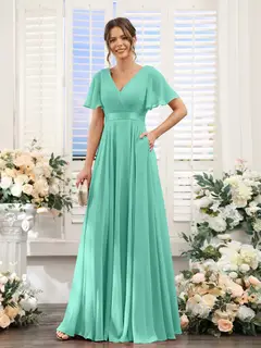 A-Line/Princess V-Neck Short Sleeves Chiffon Bridesmaid Dresses with Pockets — view 63