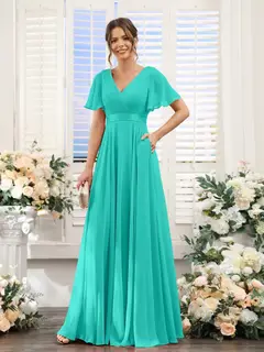 A-Line/Princess V-Neck Short Sleeves Chiffon Bridesmaid Dresses with Pockets — view 64