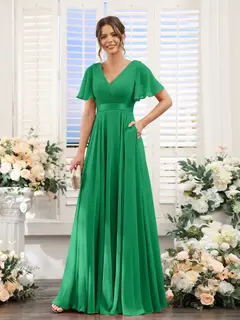A-Line/Princess V-Neck Short Sleeves Chiffon Bridesmaid Dresses with Pockets — view 65