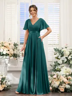 A-Line/Princess V-Neck Short Sleeves Chiffon Bridesmaid Dresses with Pockets — view 67