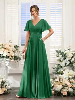 A-Line/Princess V-Neck Short Sleeves Chiffon Bridesmaid Dresses with Pockets — view 68