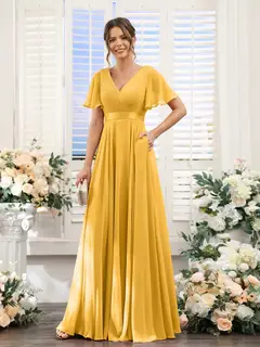 A-Line/Princess V-Neck Short Sleeves Chiffon Bridesmaid Dresses with Pockets — view 71