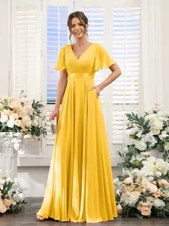 A-Line/Princess V-Neck Short Sleeves Chiffon Bridesmaid Dresses with Pockets — view 72