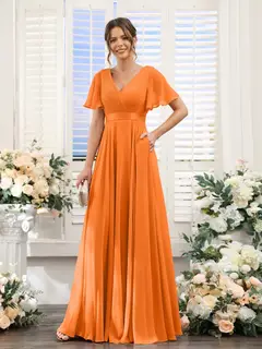 A-Line/Princess V-Neck Short Sleeves Chiffon Bridesmaid Dresses with Pockets — view 73