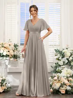 A-Line/Princess V-Neck Short Sleeves Chiffon Bridesmaid Dresses with Pockets — view 74