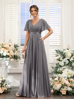A-Line/Princess V-Neck Short Sleeves Chiffon Bridesmaid Dresses with Pockets — view 75